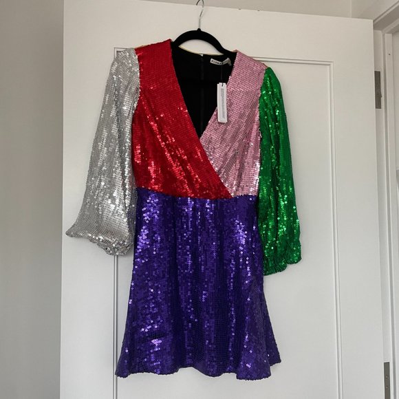 Alice + Olivia Blaze Colorblock Sequin Mini Dress Puff Sleeve Wrap Fit and Flare - Picture 8 of 12